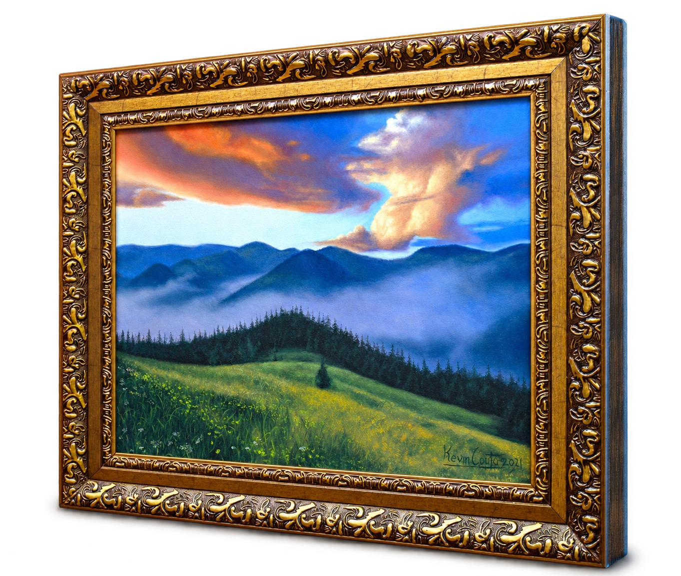 Pintura de paisagem realista em moldura dourada, obra de Kevin Couto